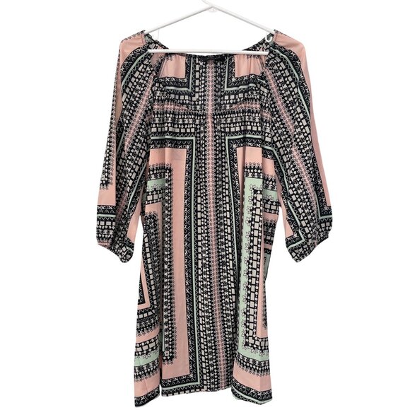 Glam Geometric Tunic Dress Size Large 3/4 Sleeve Floral Multicolor Hippie Artsy - Picture 2 of 7